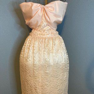 Vintage Peach Off the Shoulder Gown with Lace Overlay